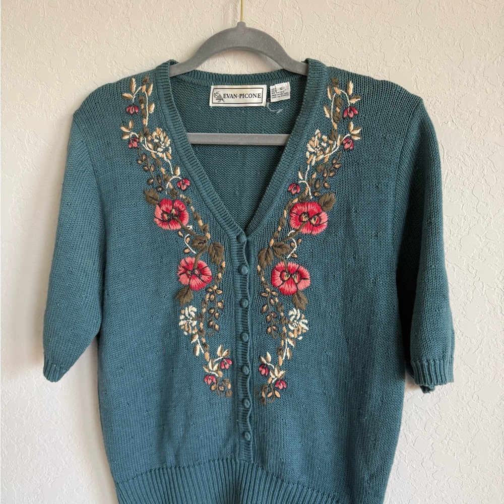Evan Picone Teal Cardigan with Floral Embroidery